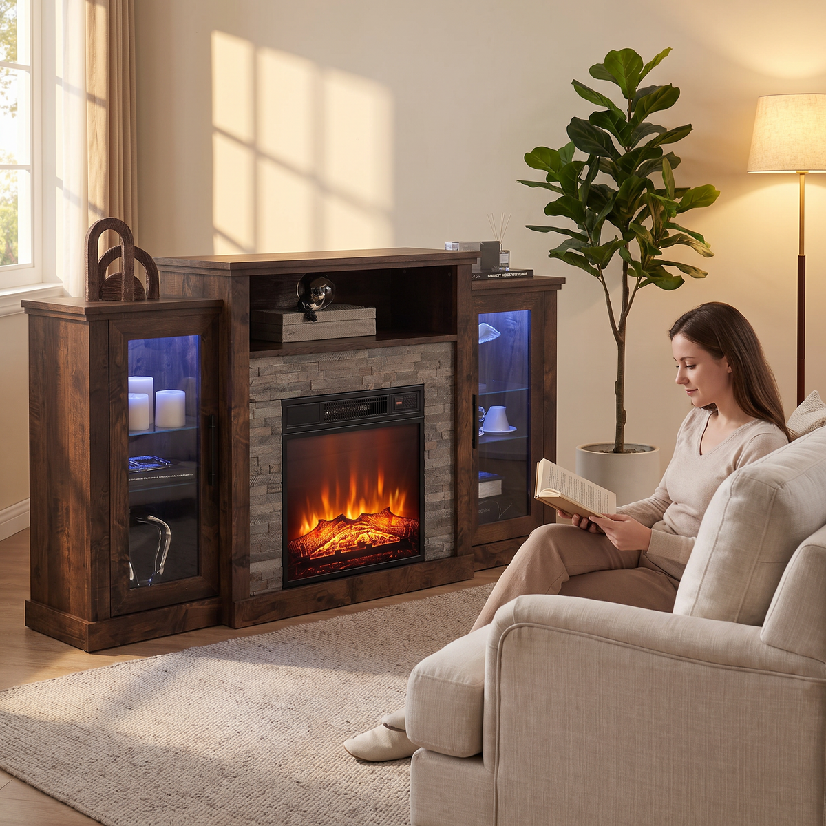 Electric Fireplace TV Stand for TVs up to 65 Inch, Modern Media Console Entertainment Center, Storage Cabinets, Adjustable LED Flame for Living Rooms shown in a styled living room with a person relaxing nearby