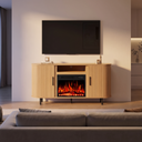 65 Inch Electric Fireplace TV Stand for TVs up to 75 Inch, Modern Media Console Entertainment Center for Living Rooms viewed across a furnished room, showing its scale against the wall