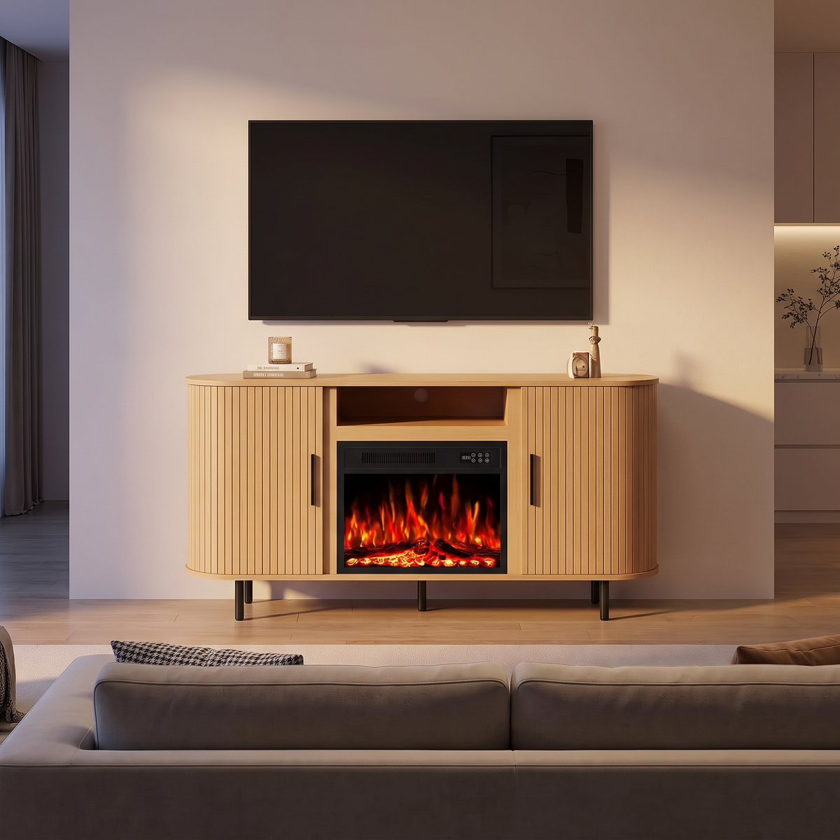 65 Inch Electric Fireplace TV Stand for TVs up to 75 Inch, Modern Media Console Entertainment Center for Living Rooms viewed across a furnished room, showing its scale against the wall