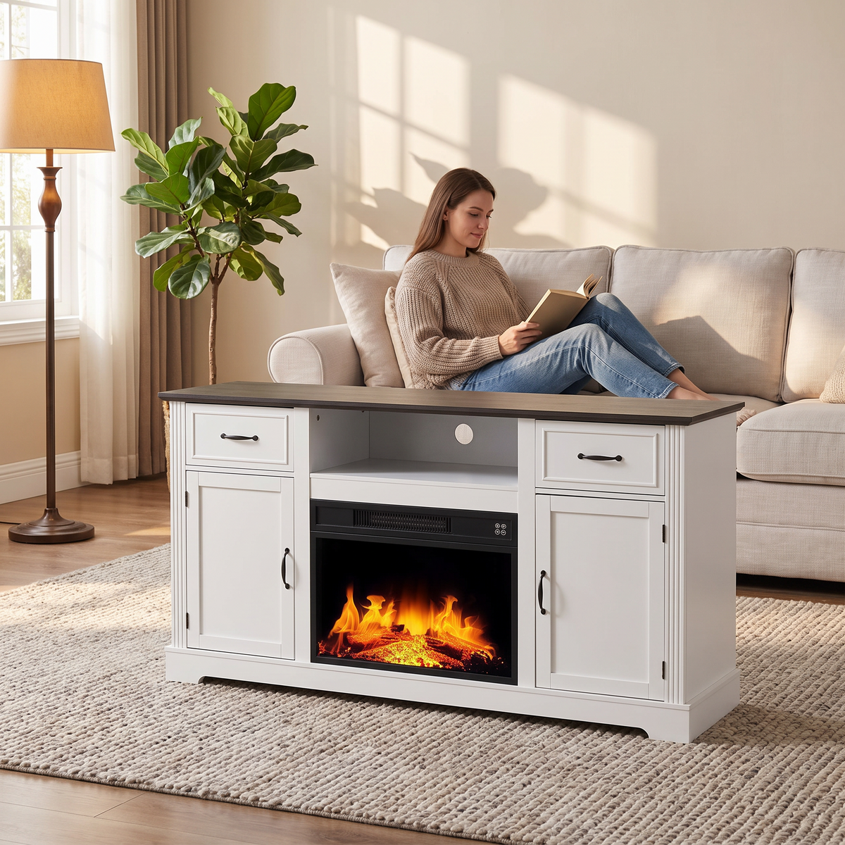 65 Inch Electric Fireplace TV Stand, Solid Wood, Modern Media Console Entertainment Center, Storage Cabinets for Living Rooms shown in a styled living room with a person relaxing nearby