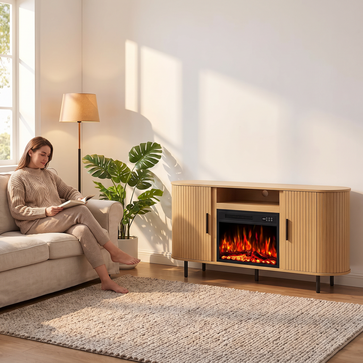 65 Inch Electric Fireplace TV Stand for TVs up to 75 Inch, Modern Media Console Entertainment Center for Living Rooms shown in a styled living room with a person relaxing nearby