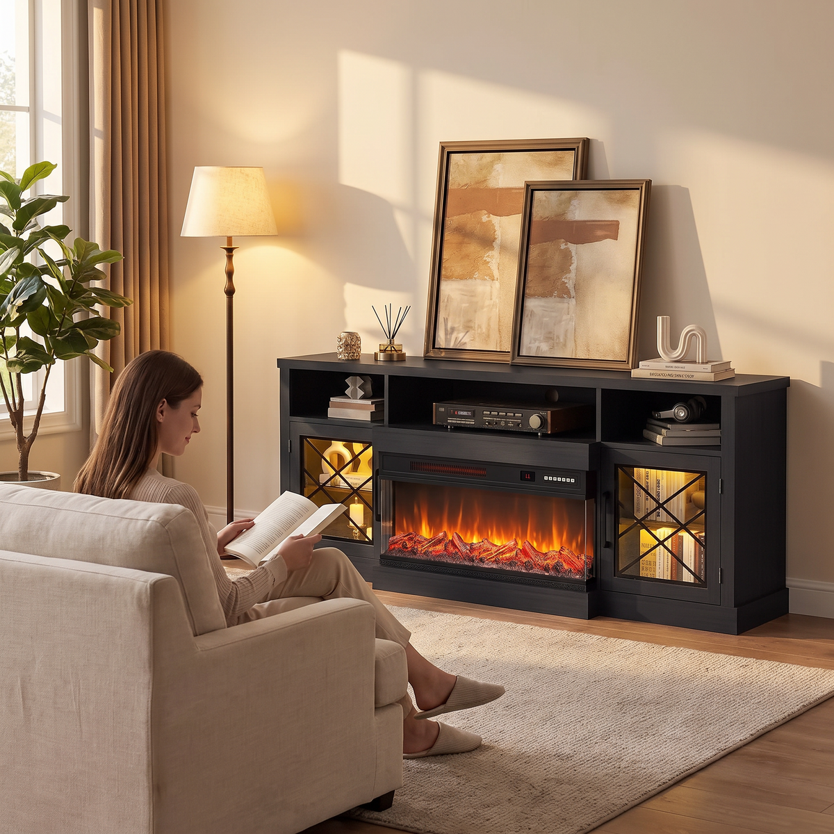 65 Inch Electric Fireplace TV Stand for TVs up to 75 Inch, 3-Sided Glass, Modern Media Console Entertainment Center for Living Rooms shown in a styled living room with a person relaxing nearby