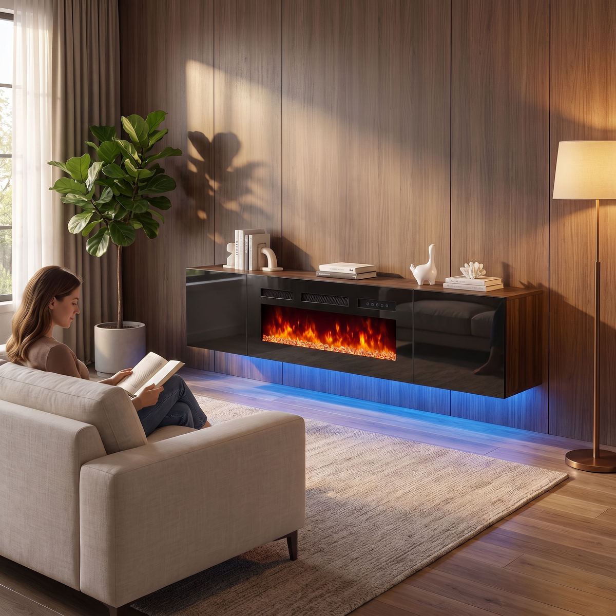 80 Inch Floating TV Stand with 40 Inch Electric Fireplace & LED Lights, Wall Mounted Media Console for TVs up to 90 Inch shown in a styled living room with a person relaxing nearby