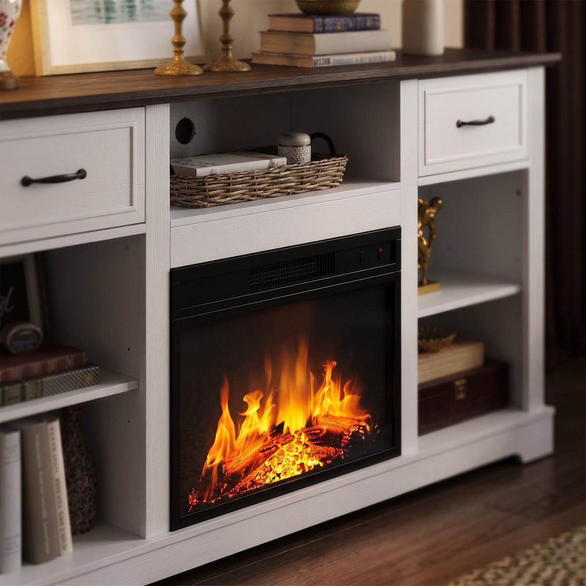 Close-up of the firebox and flame on the 65 Inch Electric Fireplace TV Stand, Solid Wood, Modern Media Console Entertainment Center, Storage Cabinets for Living Rooms