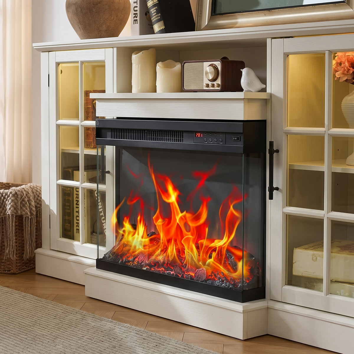 Close-up of the firebox and flame on the 59 Inch Electric Fireplace TV Stand, Modern Media Console Entertainment Center, Storage Cabinets for Living Rooms