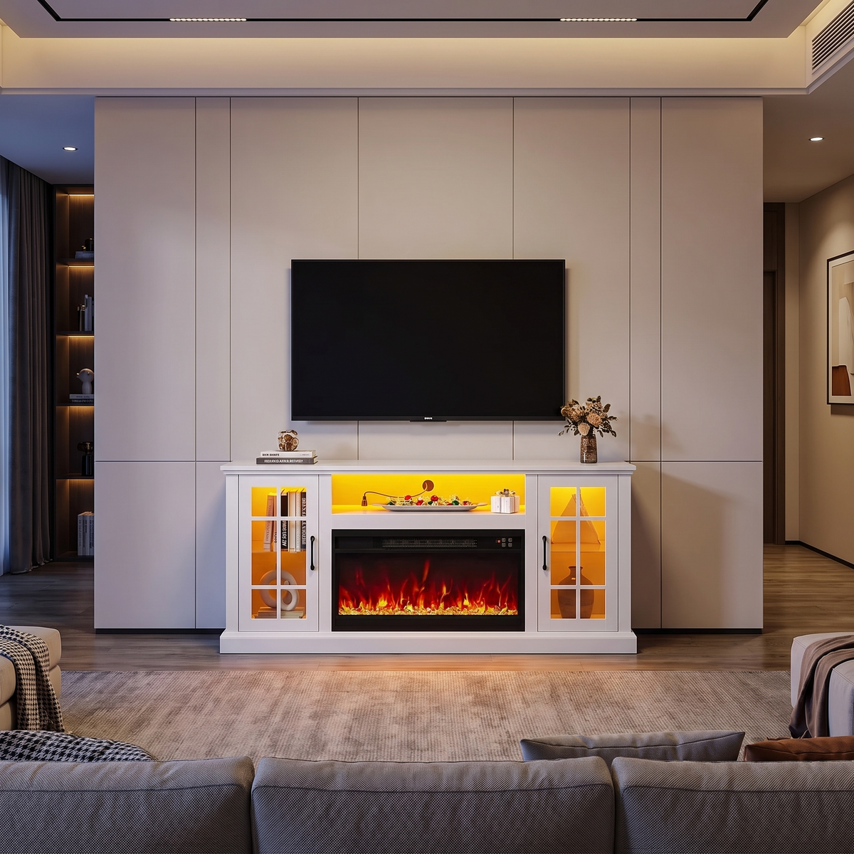 45 Inch Electric Fireplace TV Stand, Modern Media Console Entertainment Center, Storage Cabinets, Adjustable LED Flame for Living Rooms viewed across a furnished room, showing its scale against the wall