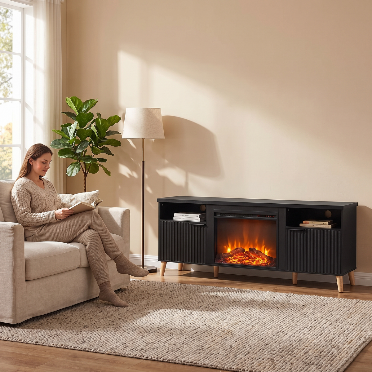 65" Fireplace TV Stand w/ 23" Electric Fireplace, Modern Media Entertainment Center Console Table for TVs up to 70" shown in a styled living room with a person relaxing nearby
