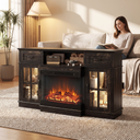 65 Inch Electric Fireplace TV Stand, Modern Media Console Entertainment Center, Storage Cabinets, Adjustable LED Flame for Living Rooms shown in a styled living room with a person relaxing nearby