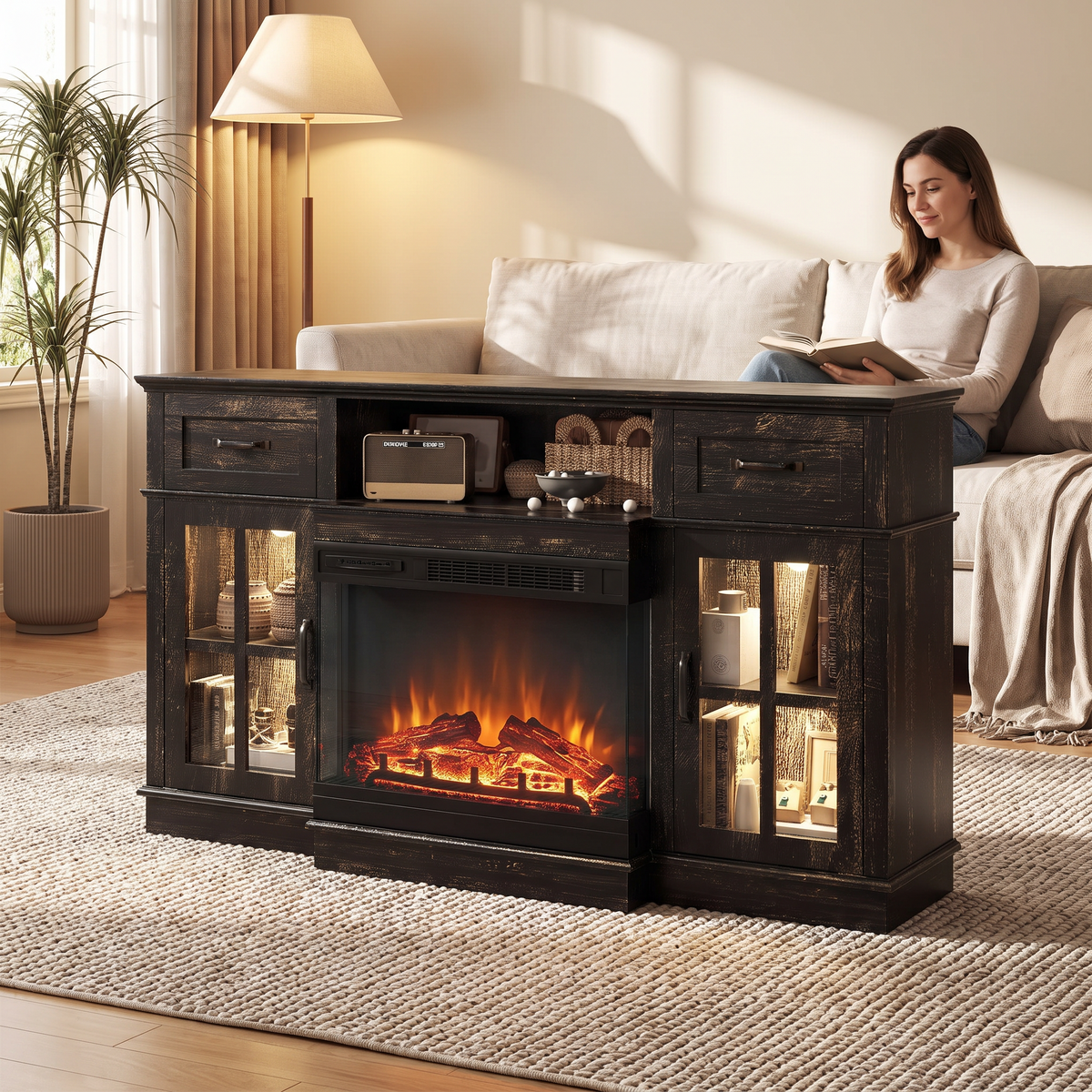 65 Inch Electric Fireplace TV Stand, Modern Media Console Entertainment Center, Storage Cabinets, Adjustable LED Flame for Living Rooms shown in a styled living room with a person relaxing nearby