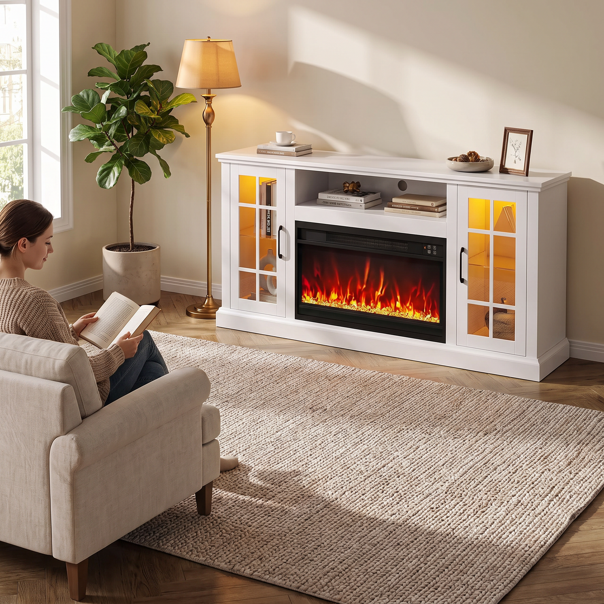 45 Inch Electric Fireplace TV Stand, Modern Media Console Entertainment Center, Storage Cabinets, Adjustable LED Flame for Living Rooms shown in a styled living room with a person relaxing nearby