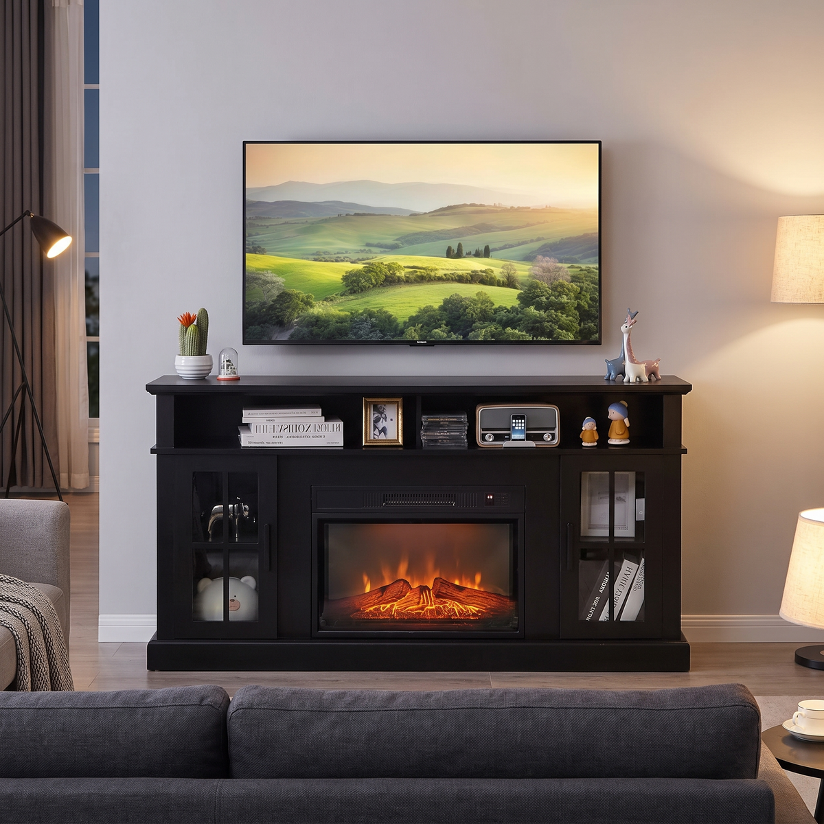 Electric Fireplace TV Stand for TVs up to 65 Inch, Modern Media Console Entertainment Center, Remote Control for Living Rooms viewed across a furnished room, showing its scale against the wall