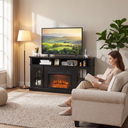 Electric Fireplace TV Stand for TVs up to 65 Inch, Modern Media Console Entertainment Center, Remote Control for Living Rooms shown in a styled living room with a person relaxing nearby