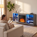 58 Inch Electric Fireplace TV Stand for TVs up to 65 Inch, Modern Media Console Entertainment Center, Adjustable LED Flame for Living Rooms shown in a styled living room with a person relaxing nearby