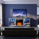 58 Inch Electric Fireplace TV Stand for TVs up to 65 Inch, Modern Media Console Entertainment Center, Adjustable LED Flame for Living Rooms viewed across a furnished room, showing its scale against the wall
