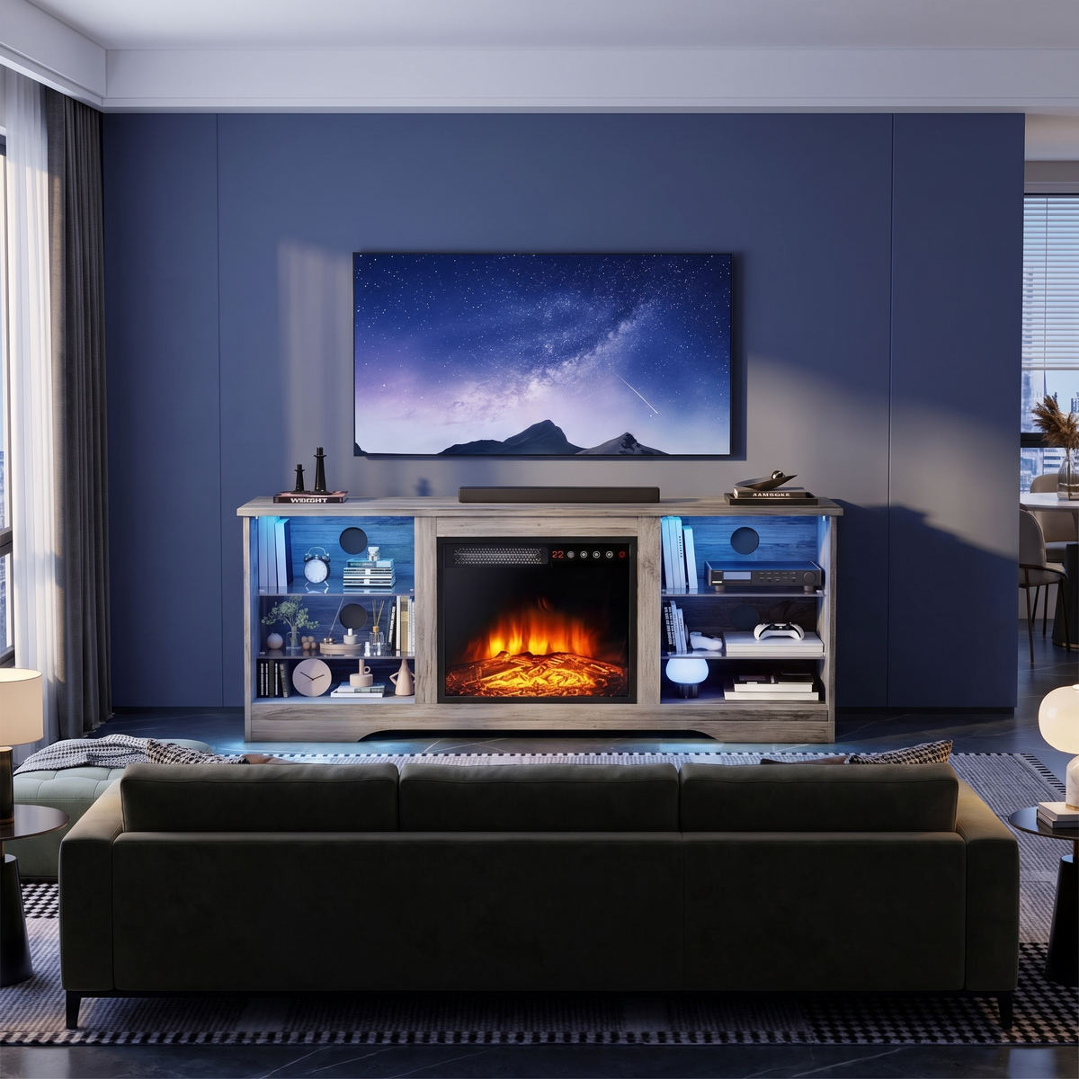 58 Inch Electric Fireplace TV Stand for TVs up to 65 Inch, Modern Media Console Entertainment Center, Adjustable LED Flame for Living Rooms viewed across a furnished room, showing its scale against the wall