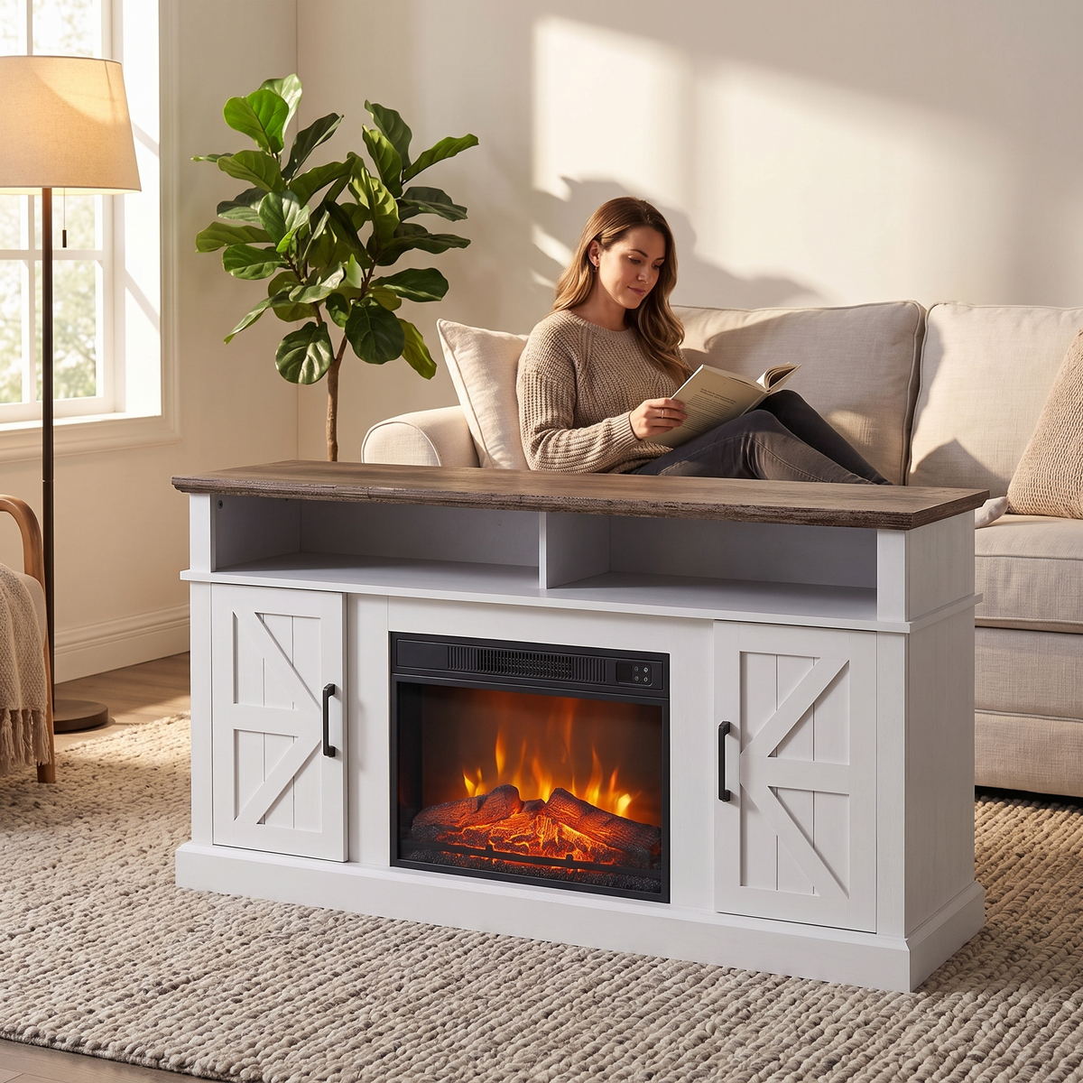 Electric Fireplace TV Stand for TVs up to 65 Inch, Modern Media Console Entertainment Center, Storage Cabinets for Living Rooms shown in a styled living room with a person relaxing nearby