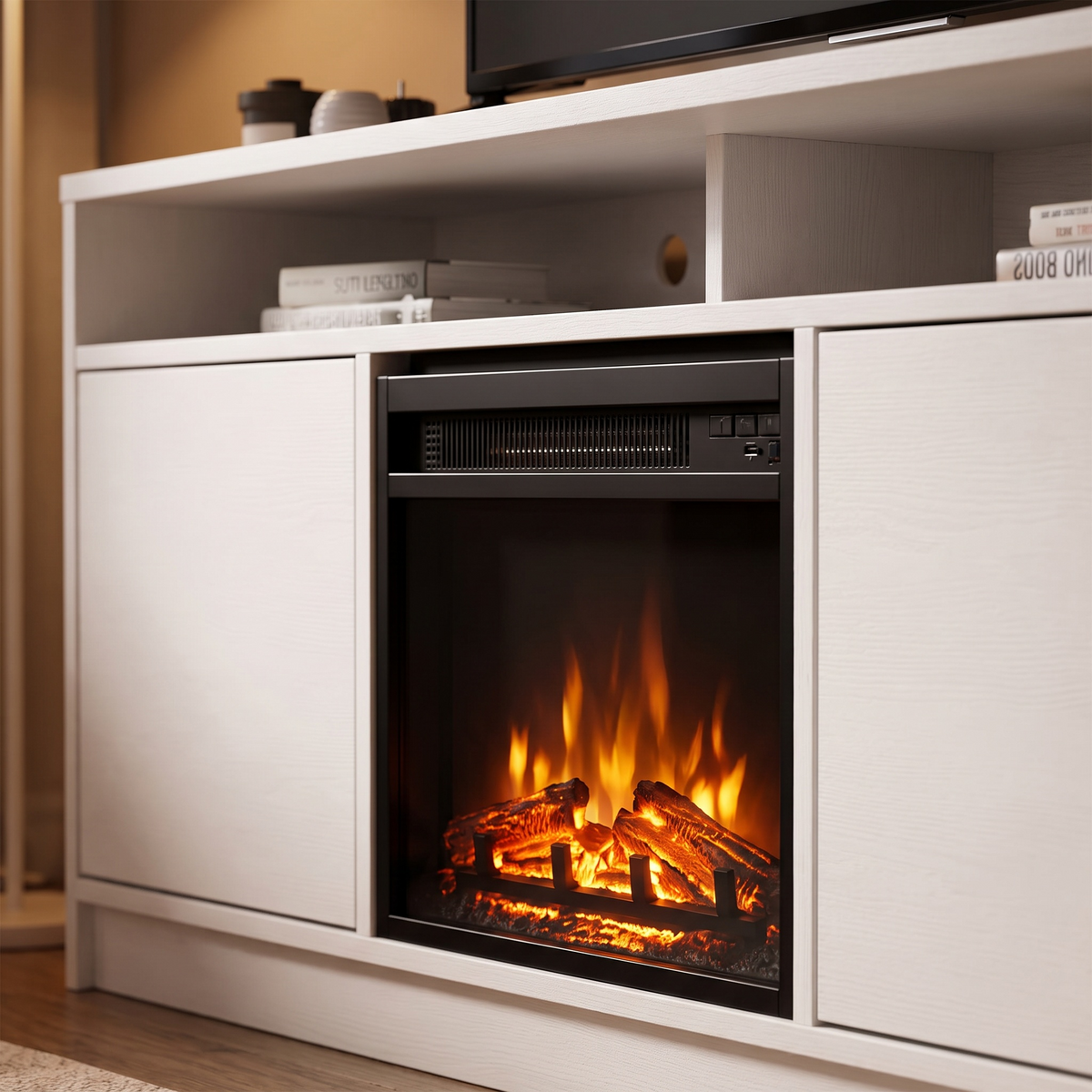 Close-up of the firebox and flame on the 65 Inch Electric Fireplace TV Stand, Modern Media Console Entertainment Center, Storage Cabinets for Living Rooms