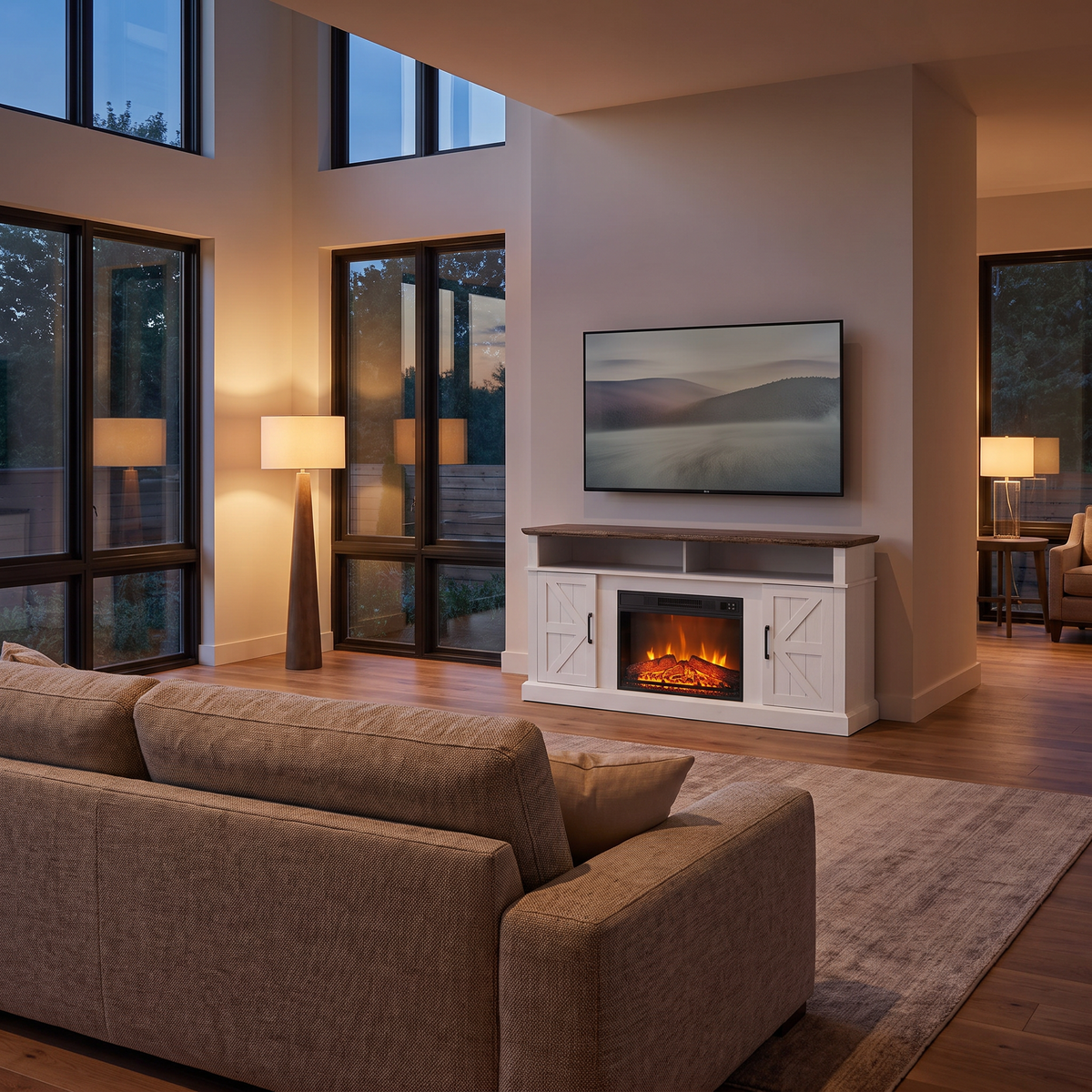 Electric Fireplace TV Stand for TVs up to 65 Inch, Modern Media Console Entertainment Center, Storage Cabinets for Living Rooms viewed across a furnished room, showing its scale against the wall