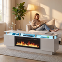 80 Inch Electric Fireplace TV Stand, Modern Media Console Entertainment Center, Adjustable LED Flame for Living Rooms shown in a styled living room with a person relaxing nearby