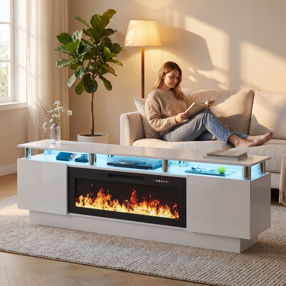 80 Inch Electric Fireplace TV Stand, Modern Media Console Entertainment Center, Adjustable LED Flame for Living Rooms shown in a styled living room with a person relaxing nearby