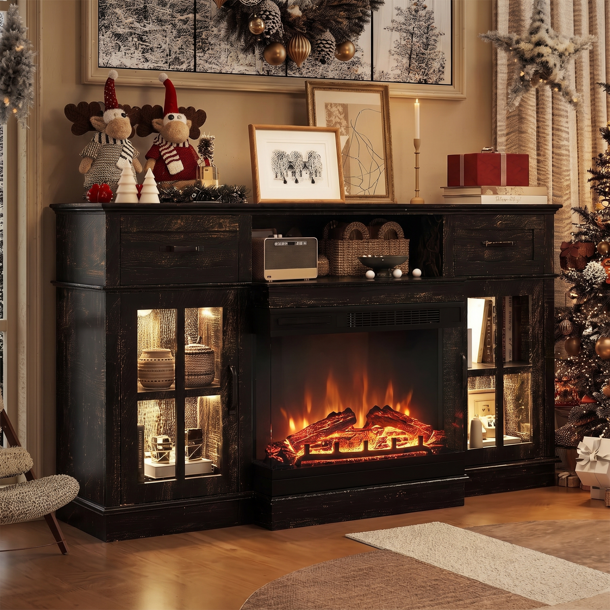 Close-up of the firebox and flame on the 65 Inch Electric Fireplace TV Stand, Modern Media Console Entertainment Center, Storage Cabinets, Adjustable LED Flame for Living Rooms