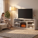 65 Inch Electric Fireplace TV Stand, Modern Media Console Entertainment Center, Storage Cabinets for Living Rooms shown in a styled living room with a person relaxing nearby