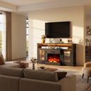 Electric Fireplace TV Stand for TVs up to 65 Inch, Modern Media Console Entertainment Center, Adjustable LED Flame for Living Rooms viewed across a furnished room, showing its scale against the wall
