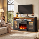 Electric Fireplace TV Stand for TVs up to 65 Inch, Modern Media Console Entertainment Center, Adjustable LED Flame for Living Rooms shown in a styled living room with a person relaxing nearby