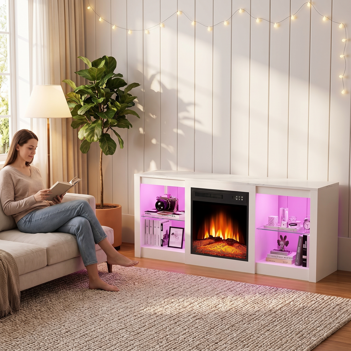 Electric Fireplace TV Stand for TVs up to 65 Inch, 18" Firebox, Modern Media Console Entertainment Center, Adjustable LED Flame for Living Rooms shown in a styled living room with a person relaxing nearby