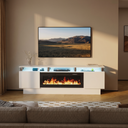 80 Inch Electric Fireplace TV Stand, Modern Media Console Entertainment Center, Adjustable LED Flame for Living Rooms viewed across a furnished room, showing its scale against the wall