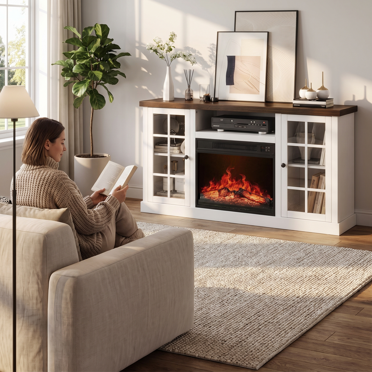 Electric Fireplace TV Stand, Modern Media Console Entertainment Center, Storage Cabinets for Living Rooms shown in a styled living room with a person relaxing nearby
