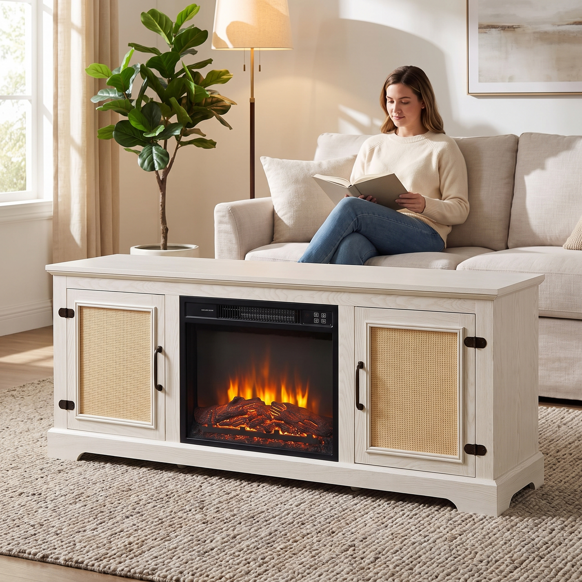 Electric Fireplace TV Stand with Rattan Cabinet Doors, Modern Media Console Entertainment Center for Living Rooms shown in a styled living room with a person relaxing nearby