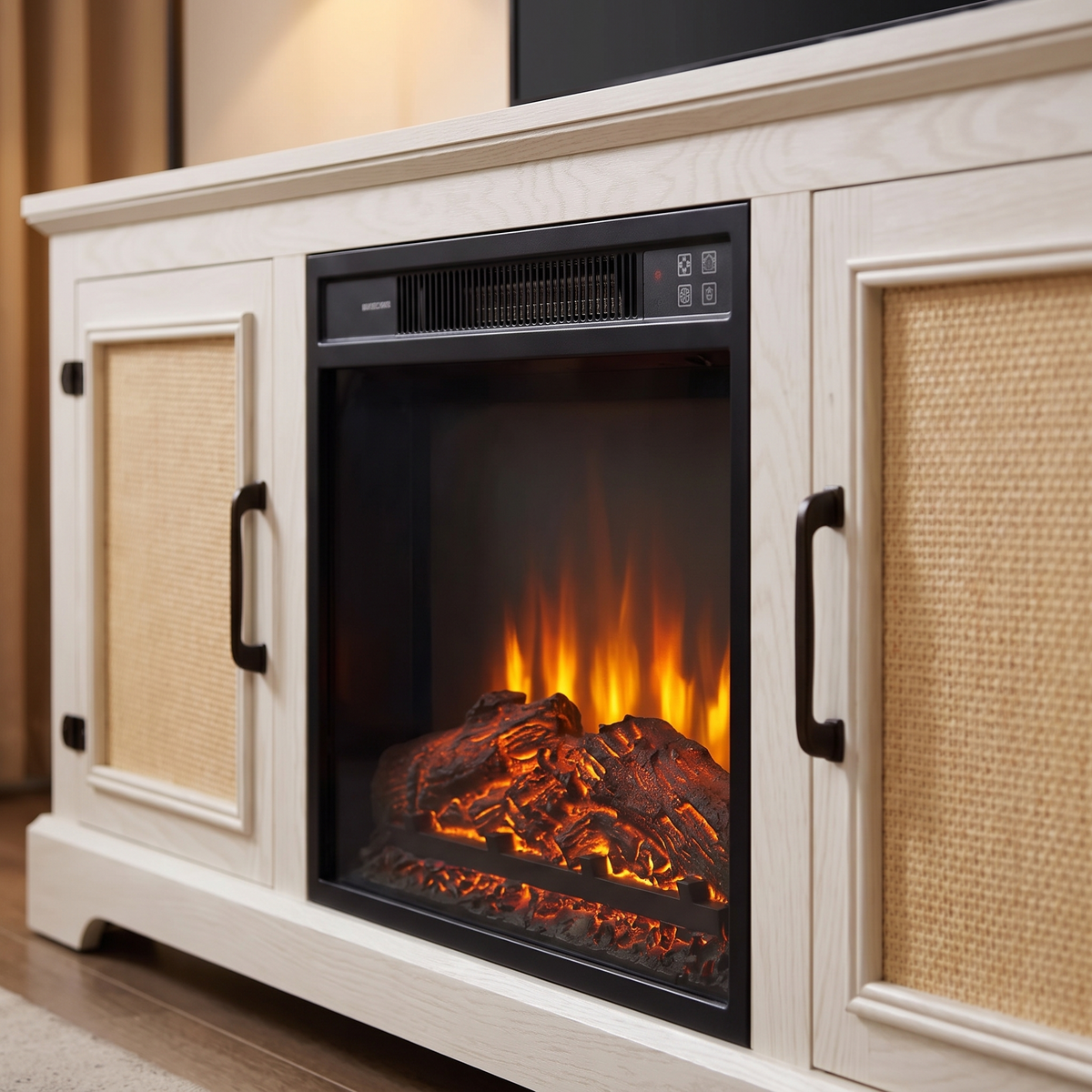 Close-up of the firebox and flame on the Electric Fireplace TV Stand with Rattan Cabinet Doors, Modern Media Console Entertainment Center for Living Rooms