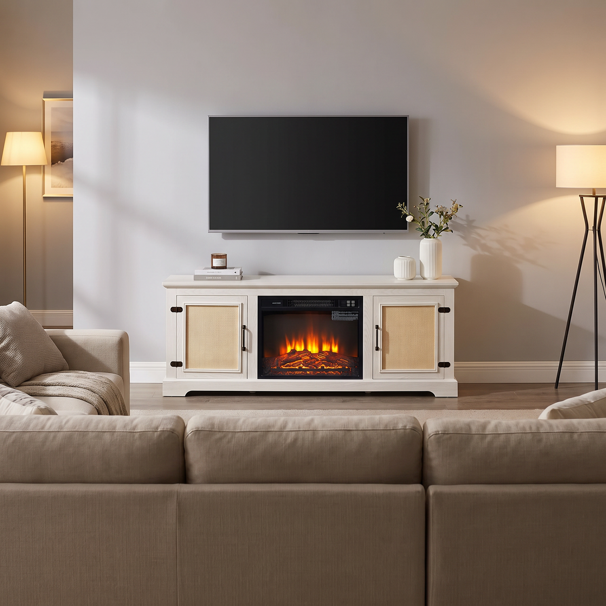 Electric Fireplace TV Stand with Rattan Cabinet Doors, Modern Media Console Entertainment Center for Living Rooms viewed across a furnished room, showing its scale against the wall