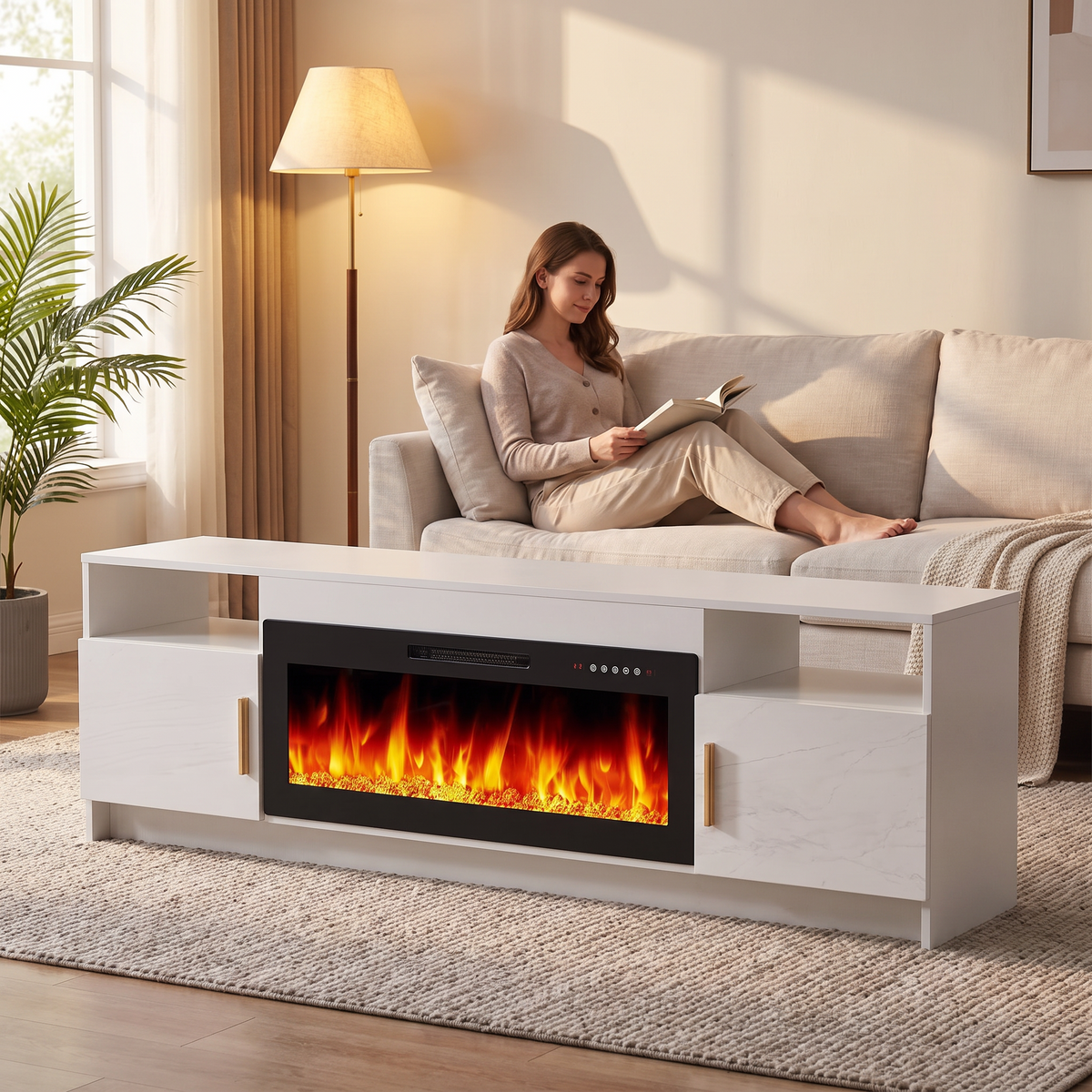 Electric Fireplace TV Stand, Modern Media Console Entertainment Center, Adjustable LED Flame for Living Rooms shown in a styled living room with a person relaxing nearby
