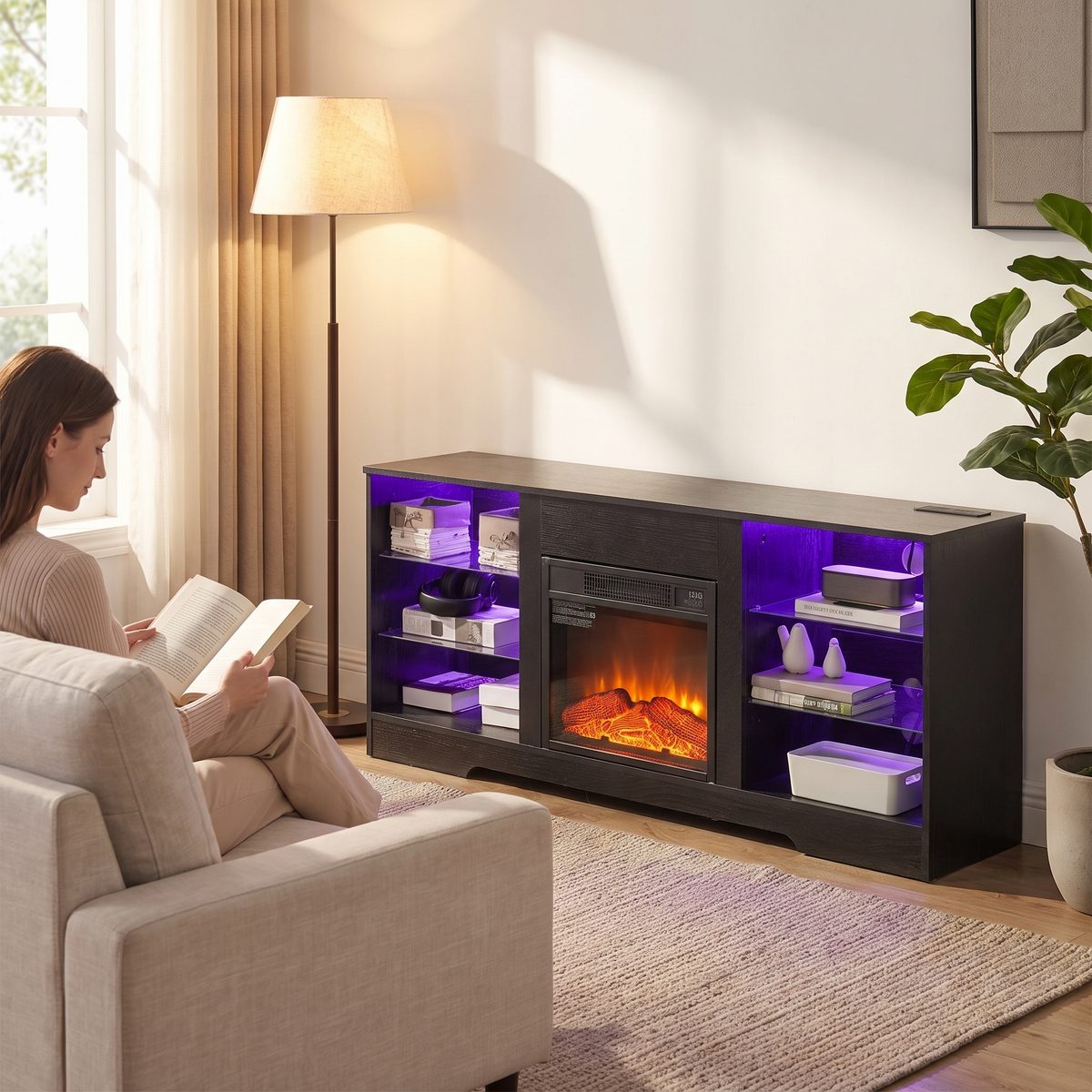 Electric Fireplace TV Stand, Glass Front, Modern Media Console Entertainment Center, Adjustable LED Flame for Living Rooms shown in a styled living room with a person relaxing nearby