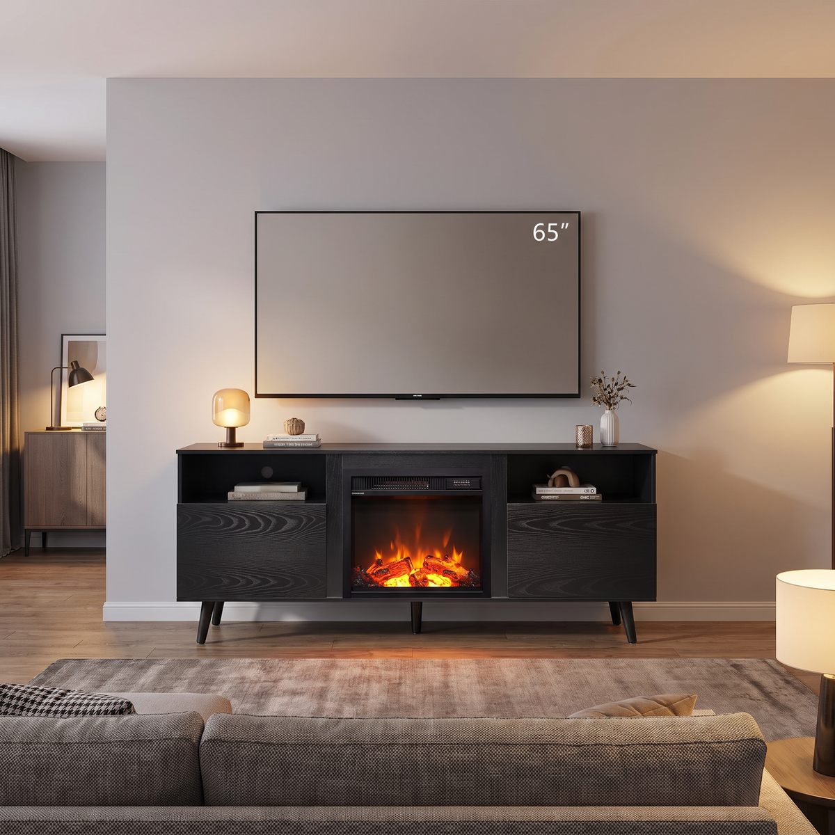 65 Inch Electric Fireplace TV Stand, Modern Media Console Entertainment Center for Living Rooms viewed across a furnished room, showing its scale against the wall