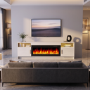 Electric Fireplace TV Stand, Modern Media Console Entertainment Center, Adjustable LED Flame for Living Rooms viewed across a furnished room, showing its scale against the wall