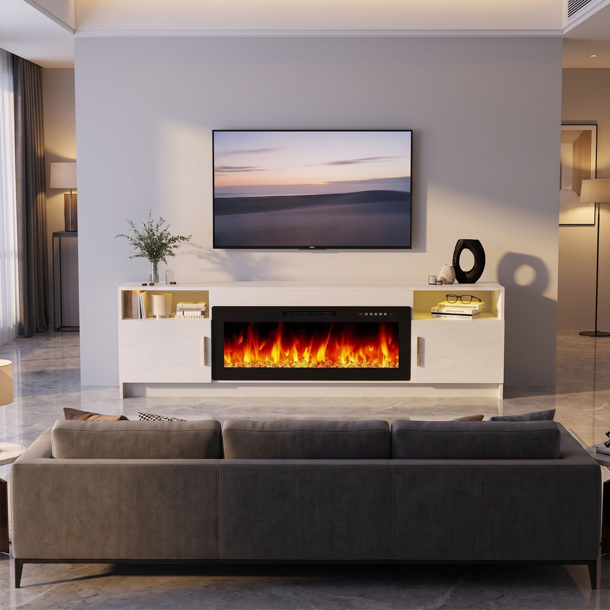 Electric Fireplace TV Stand, Modern Media Console Entertainment Center, Adjustable LED Flame for Living Rooms viewed across a furnished room, showing its scale against the wall