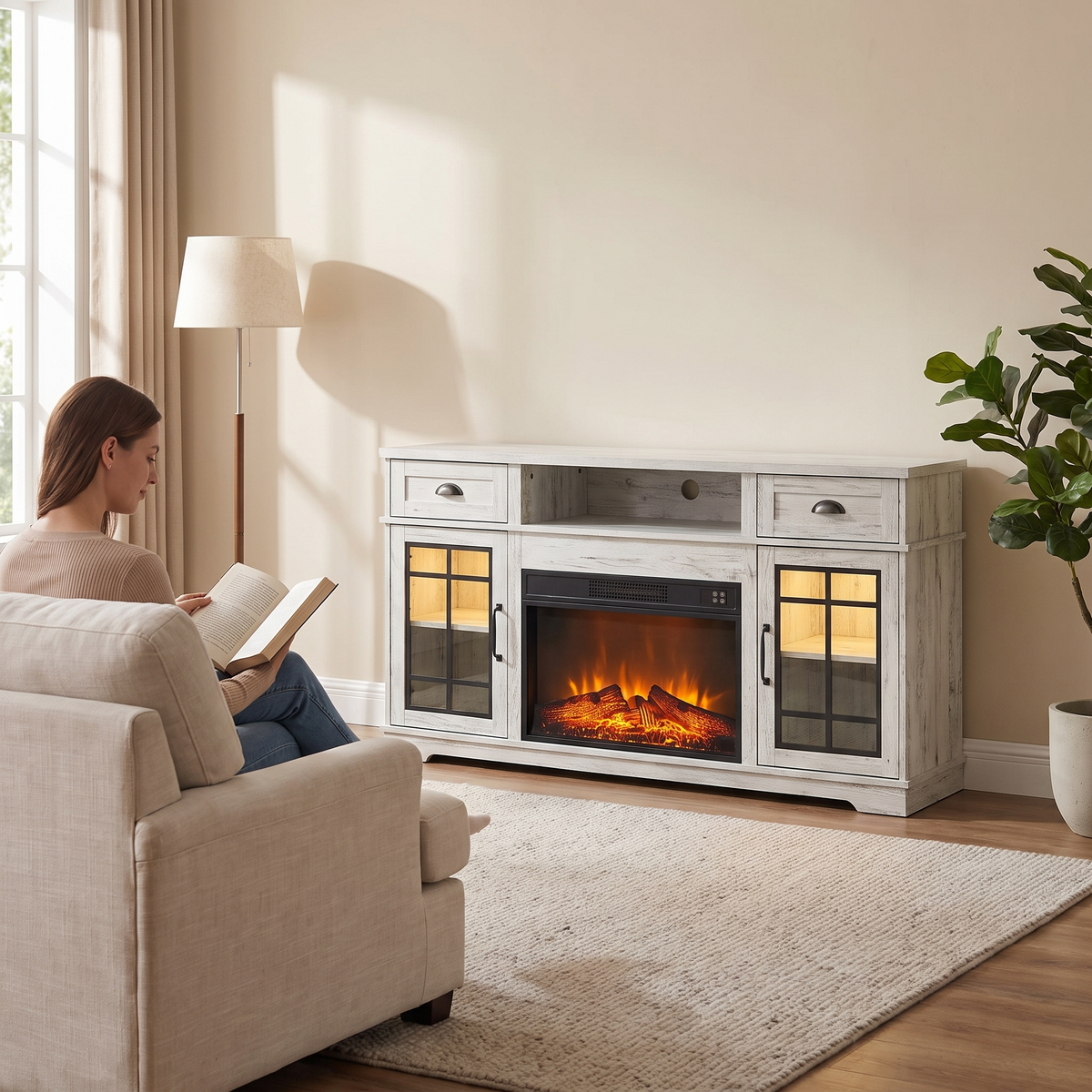Electric Fireplace TV Stand for TVs up to 65 Inch, Curved Front, Modern Media Console Entertainment Center, Adjustable LED Flame for Living Rooms shown in a styled living room with a person relaxing nearby