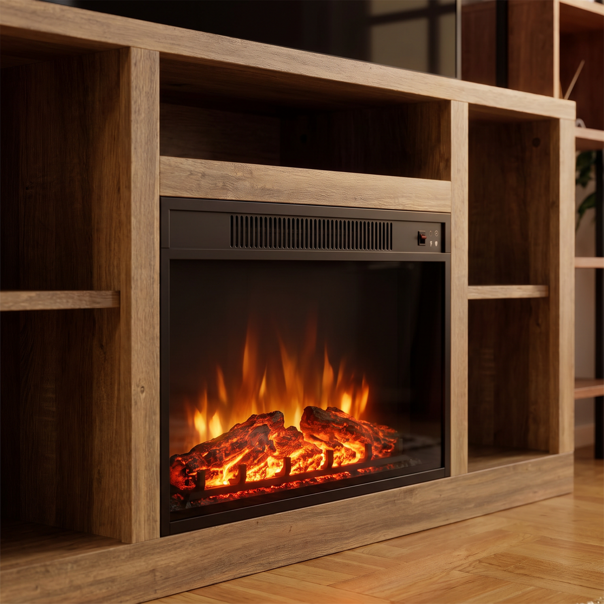 Close-up of the firebox and flame on the Electric Fireplace TV Stand for TVs up to 65 Inch, Modern Media Console Entertainment Center for Living Rooms and Apartments