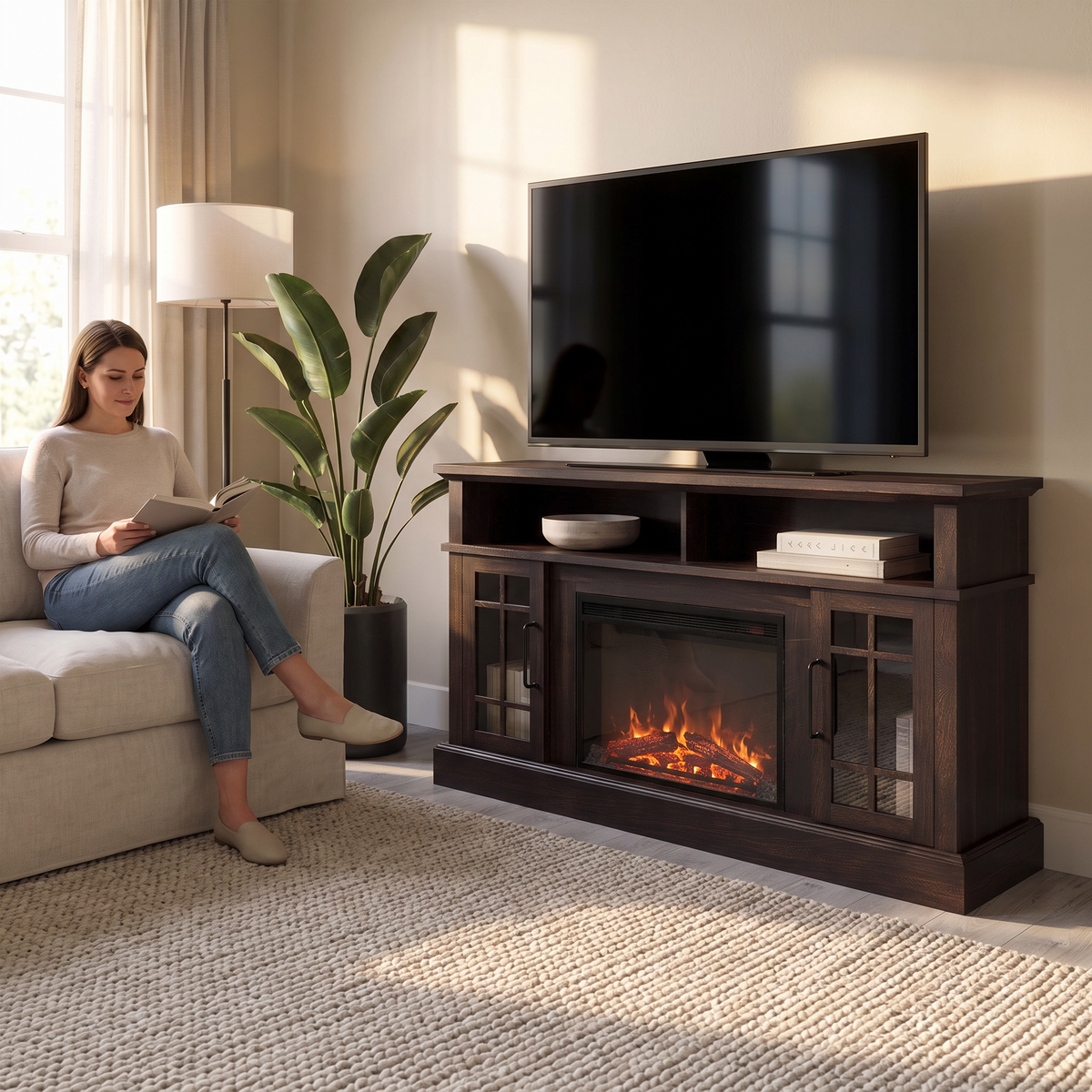 58 Inch Rustic Fireplace TV Stand with 23 Inch Electric Fireplace & Crackling Sound, Traditional Media Console for 65 Inch TVs shown in a styled living room with a person relaxing nearby