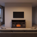 58 Inch Rustic Fireplace TV Stand with 23 Inch Electric Fireplace & Crackling Sound, Traditional Media Console for 65 Inch TVs viewed across a furnished room, showing its scale against the wall