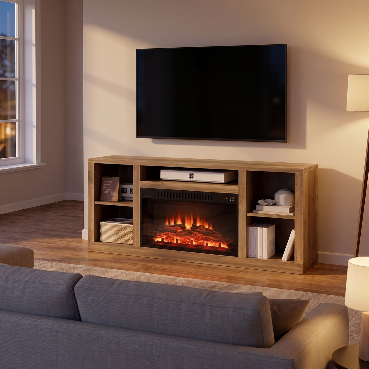 Electric Fireplace TV Stand for TVs up to 65 Inch, Modern Media Console Entertainment Center for Living Rooms and Apartments viewed across a furnished room, showing its scale against the wall
