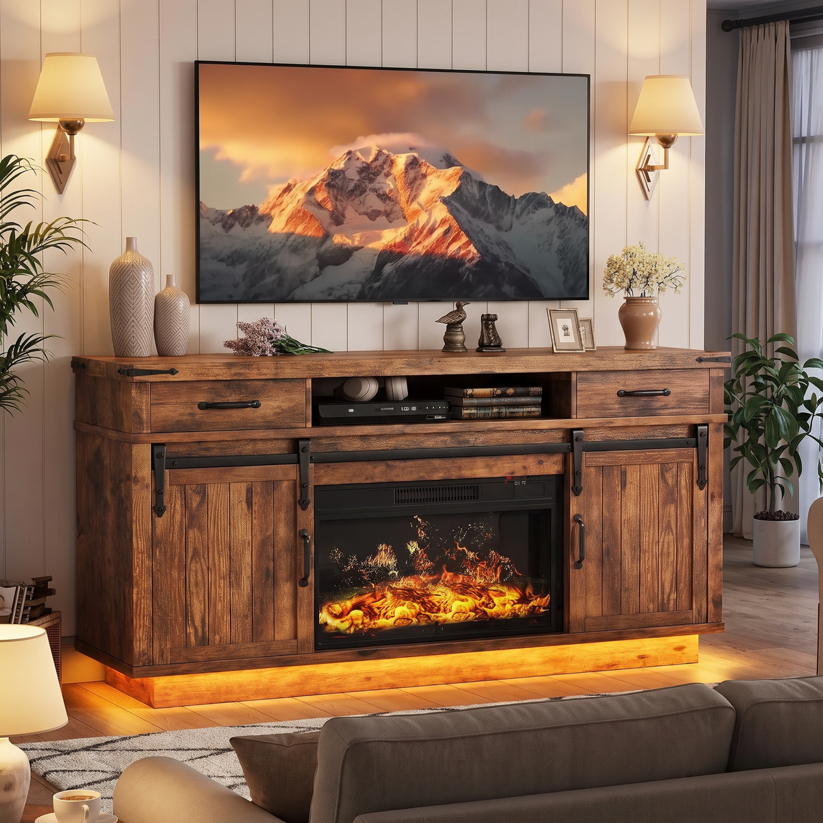 58 Inch Electric Fireplace TV Stand, Farmhouse Media Console Entertainment Center, Storage Cabinets for Living Rooms viewed across a furnished room, showing its scale against the wall