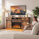 58 Inch Electric Fireplace TV Stand, Farmhouse Media Console Entertainment Center, Storage Cabinets for Living Rooms shown in a styled living room with a person relaxing nearby