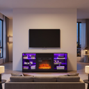 Electric Fireplace TV Stand, Glass Front, Modern Media Console Entertainment Center, Adjustable LED Flame for Living Rooms viewed across a furnished room, showing its scale against the wall