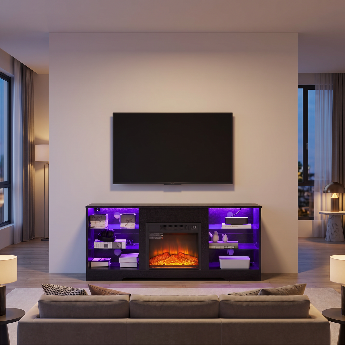Electric Fireplace TV Stand, Glass Front, Modern Media Console Entertainment Center, Adjustable LED Flame for Living Rooms viewed across a furnished room, showing its scale against the wall