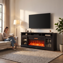 Fireplace TV Stand for TVs up to 80 Inch, Modern Entertainment Center with 36 Inch Glass Electric Fireplace & LED Lights, Black shown in a styled living room with a person relaxing nearby
