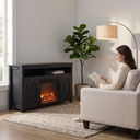 58 Inch Electric Fireplace TV Stand for TVs up to 65 Inch, Farmhouse Media Console Entertainment Center for Living Rooms shown in a styled living room with a person relaxing nearby